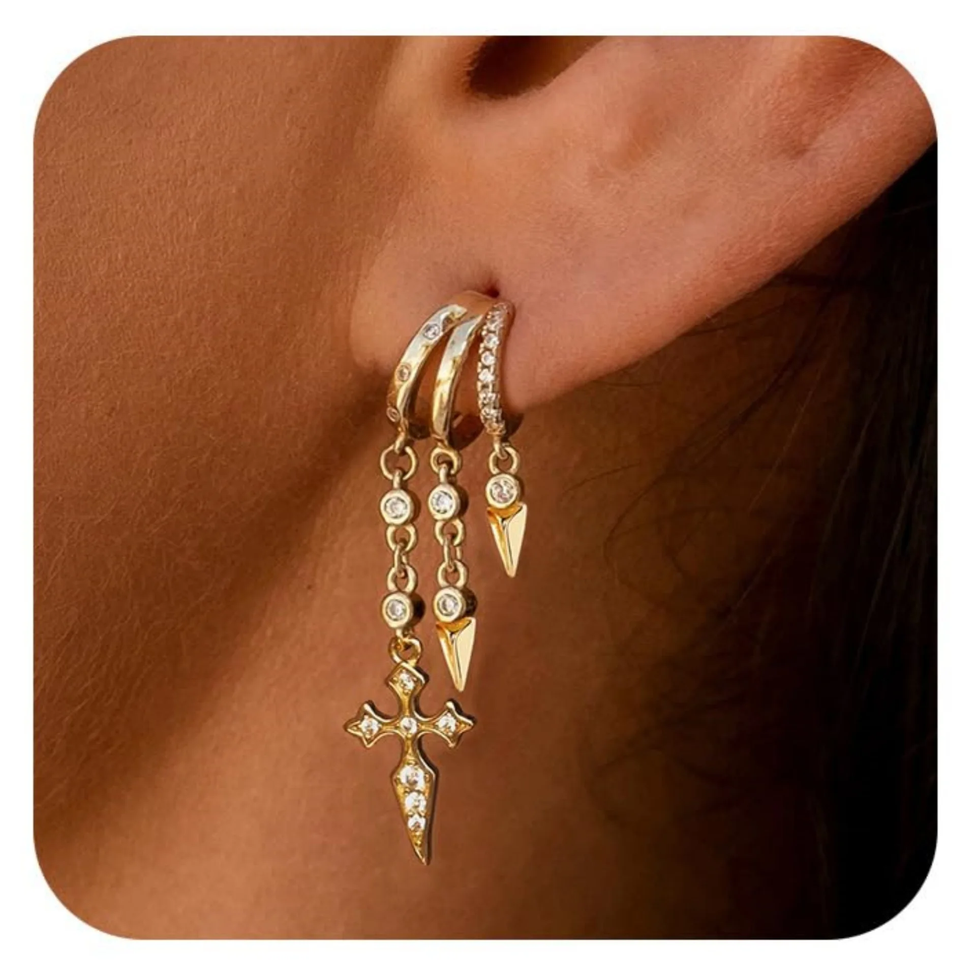 14K Gold Plated Stud Earrings for Women, Hypoallergenic Cartilage CZ Cross Star Earrings for Multiple Piercing Earrings Set