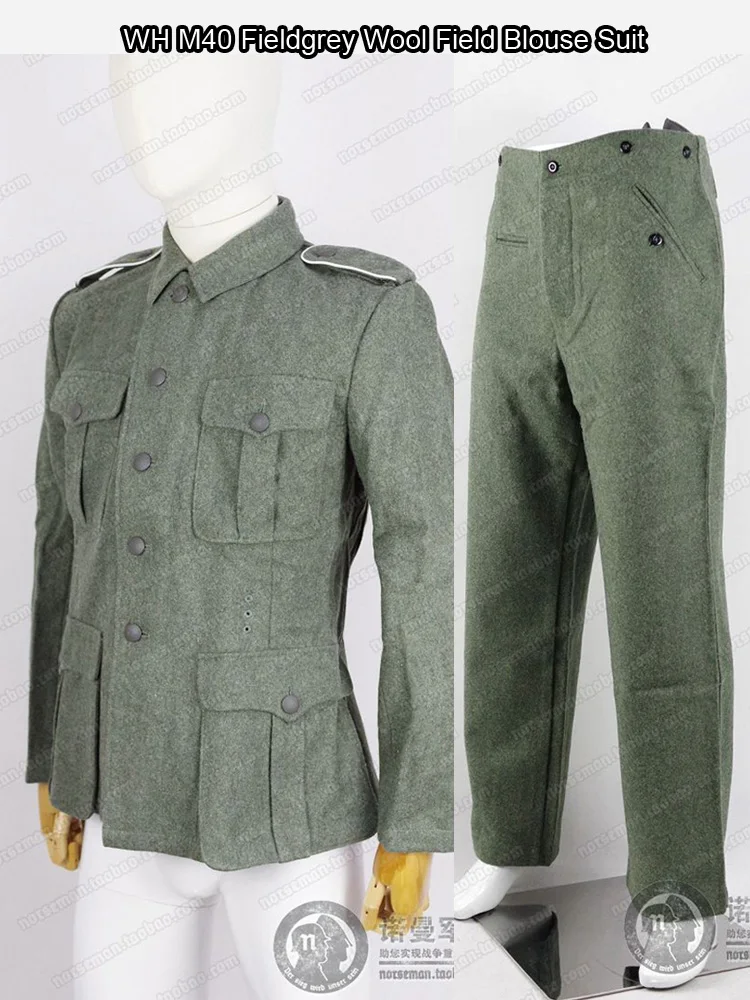 Reproduction Cosplay German WH M40 Fieldgrey Wool Feldbluse Field Blouse Tunic with Shoulder Straps and Pants Nordland 1944