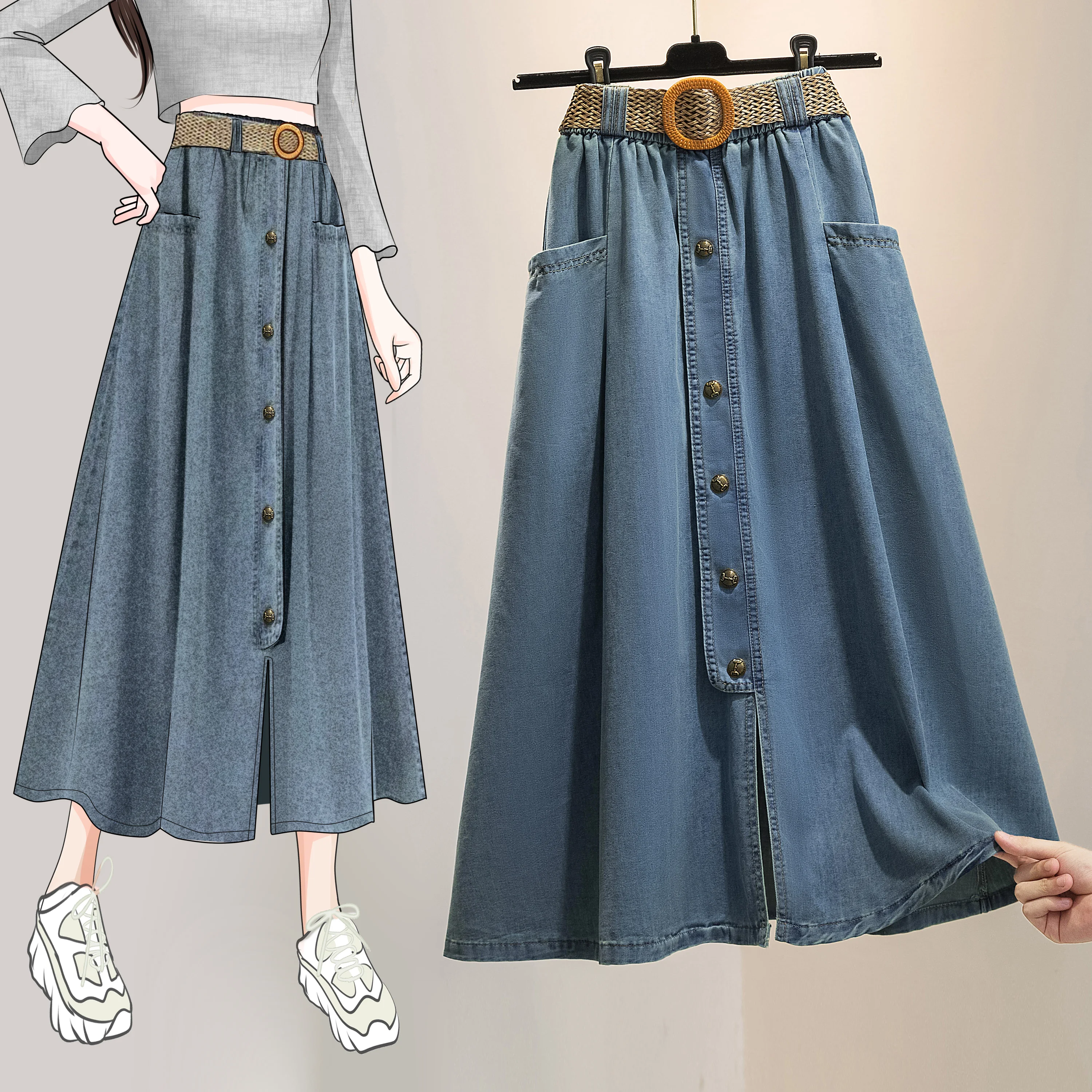 

High Waist A-Line Midi Skirt plus Size Denim Vintage Sle Versatile Slimming Spring Autumn New Arrival Women's Faion