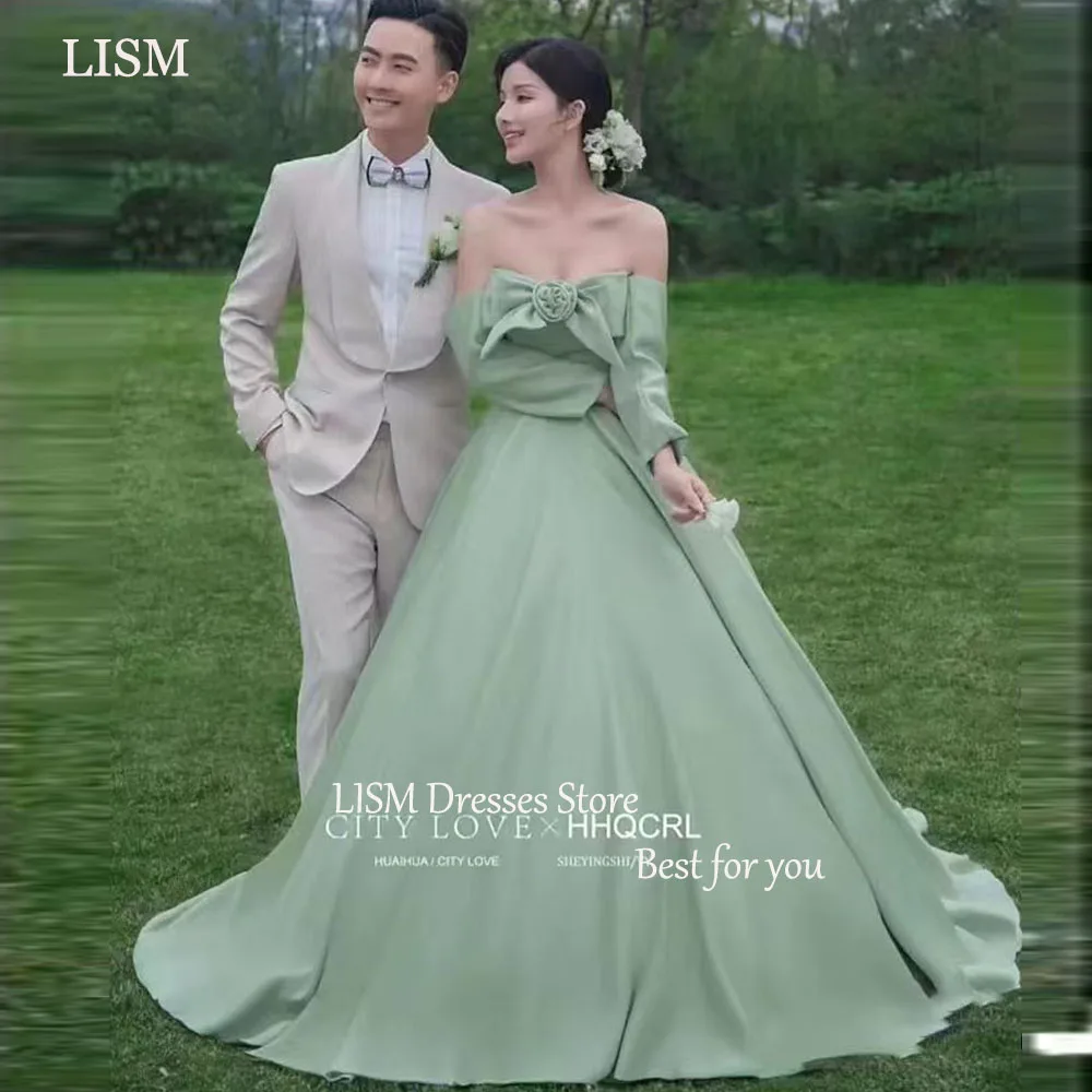 

LISM Korea Elegant Off the Shoulder Wedding Dresses Bow A-line Green Soft Sarin Bridal Gown Sweep Train Photo Shoot Dresses