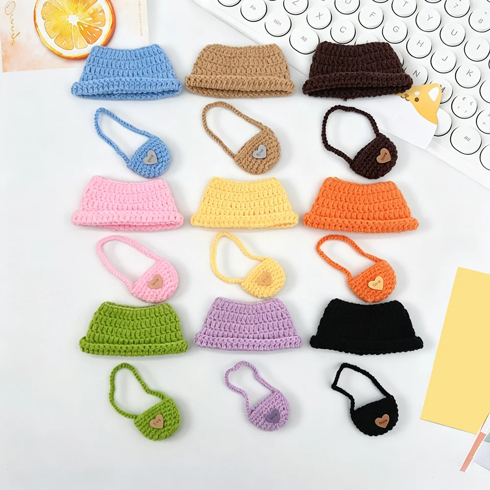 Adorable Handmade Crochet Bucket Hat With Mini Shoulder Bag Set Knitted Doll Accessories For 17CM Small Plush Toy Dress Up Decor