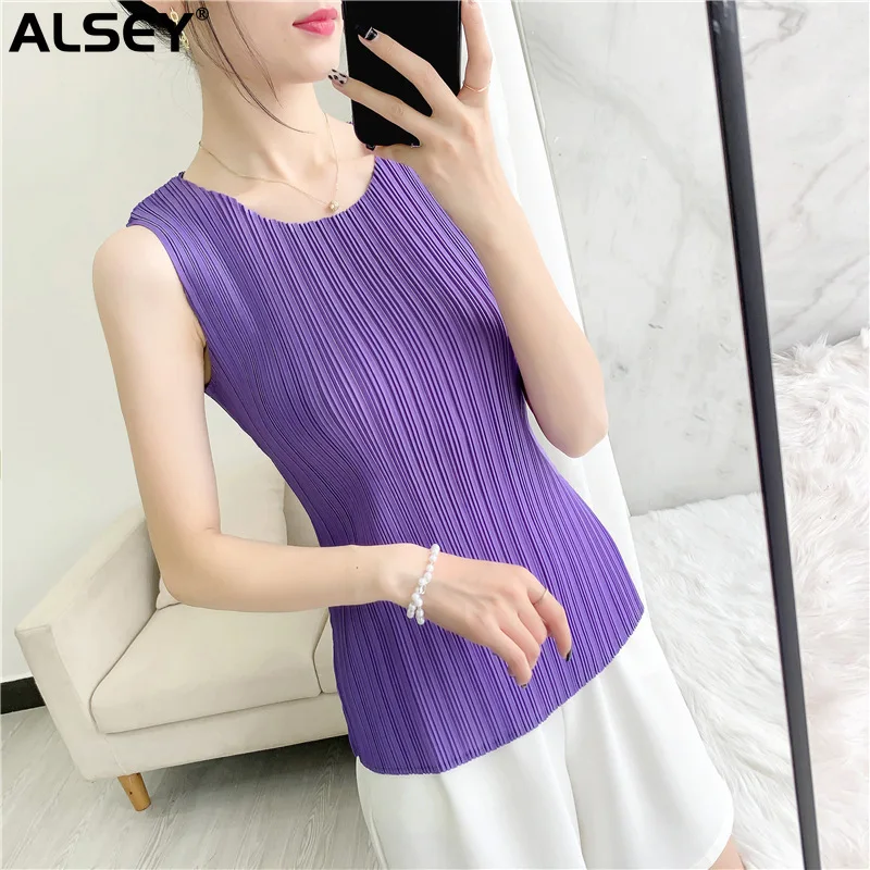 ALSEY Miyake Pleated  Solid Simple Undershirt Slim Top Summer New Korean Version Fashion Casual Simple Vest Women's Clothing