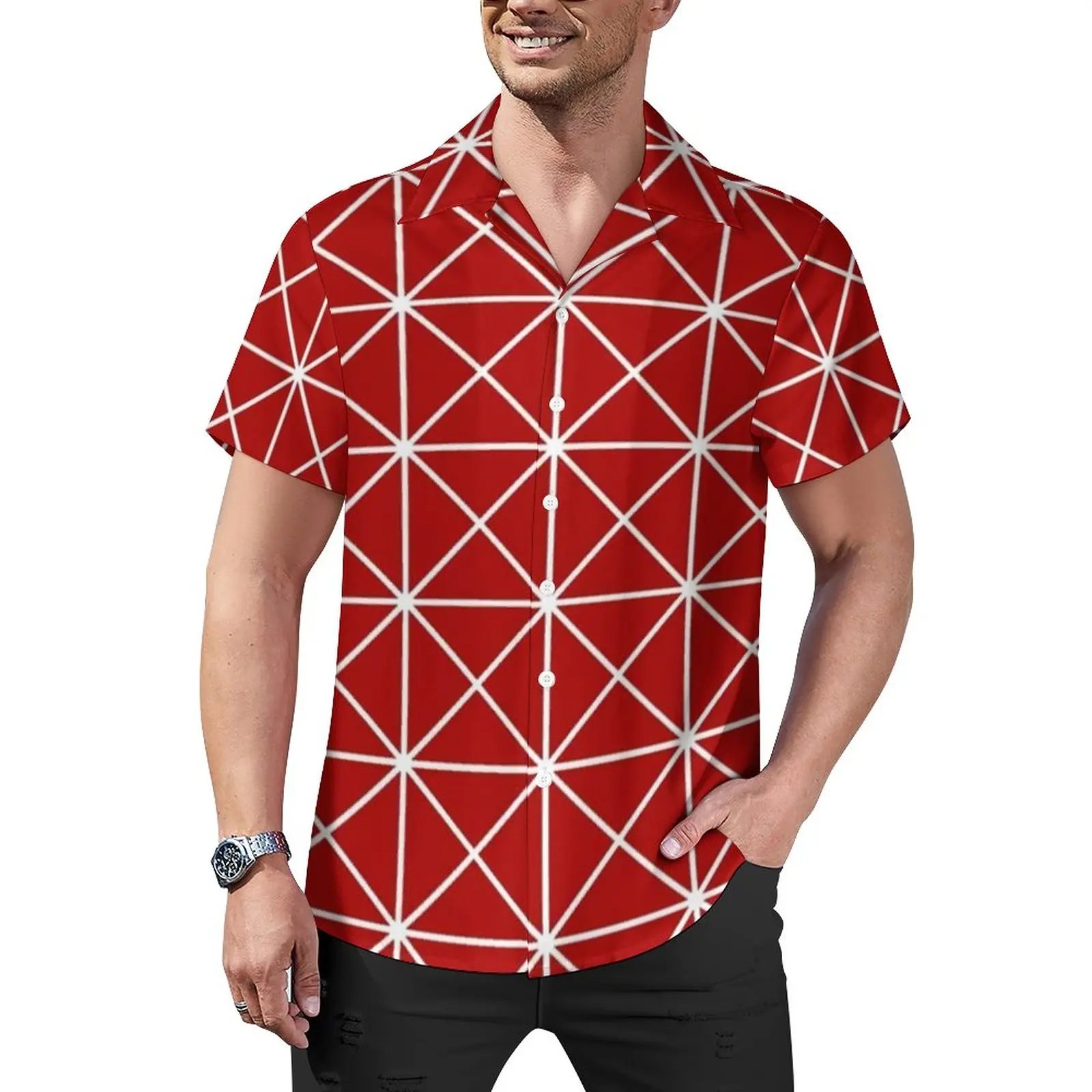 

Nordic Lines Red Loose Shirt Male Vacation Retro Stripes Casual Shirts Hawaiian Graphic Short Sleeve Streetwear Oversize Blouses