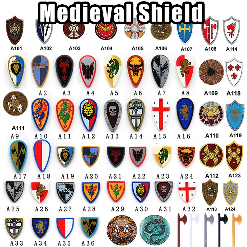 MOC Medieval Castle King Shield Building Blocks Army Warrior Red Lion Black Eagle Knight Soldier Figures Sword Weapon Bricks Toy