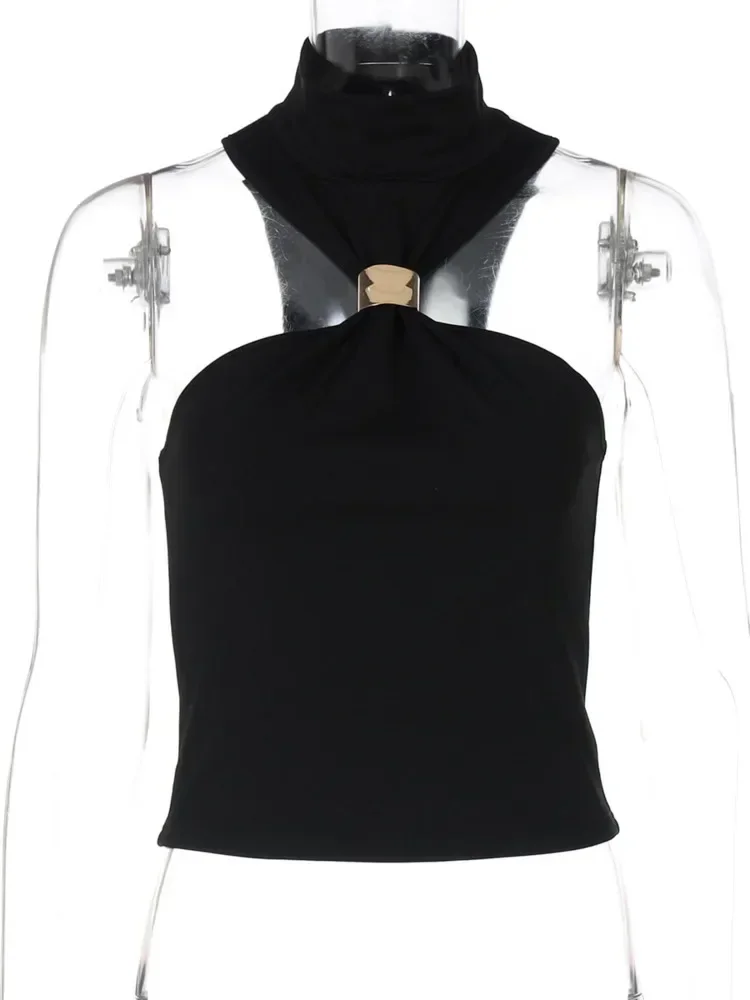 Sexy Basic Knit Hollow Out Tank Tops Women Vest Sleeveless Pullovers Metal Ring Knitted Camisole Skinny Bodycon Tops
