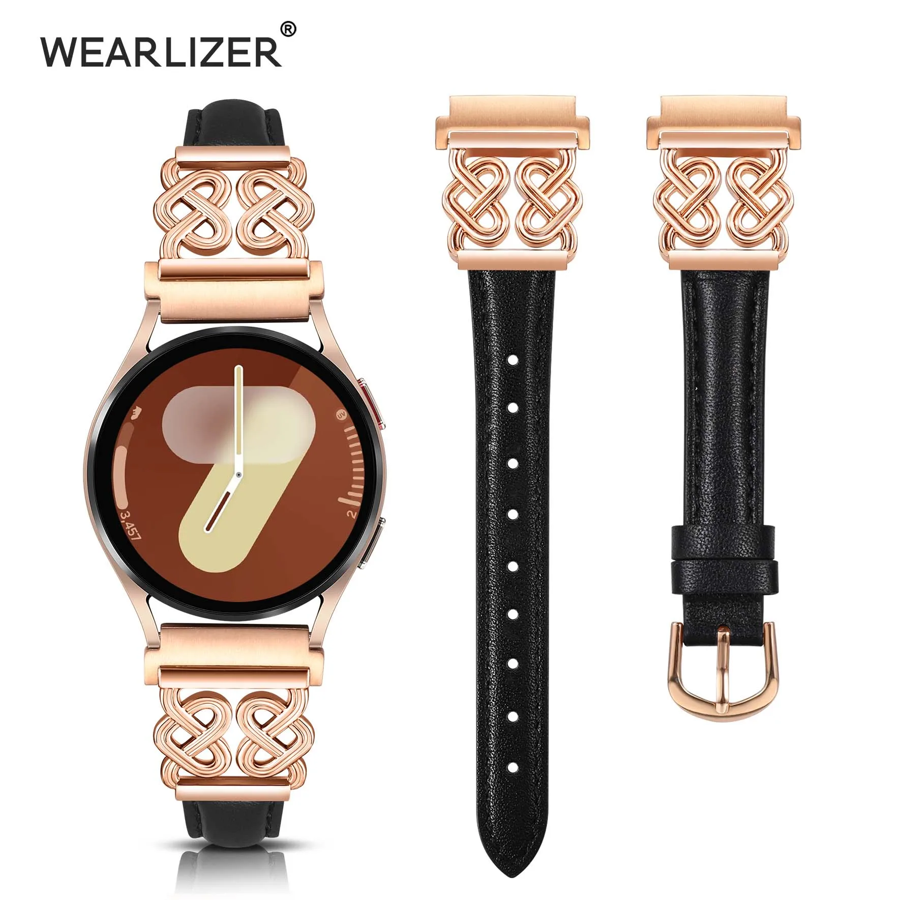 

WEARLIZER Leather Band for Samsung Galaxy Watch 7/6/5/4/Active 2, 20mm Slim Strap with Heart-Shaped Knot Buckle, Elegant Dressy