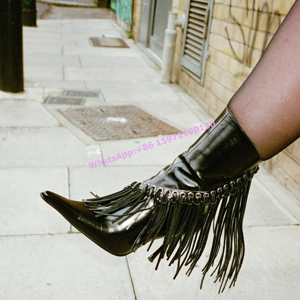 

Black Snakeskin Cross Fringe Boots Pointy Toe Thin Heels Zipper Sexy Ankle Boots Women's Street Style Fire Niche Design Shoes