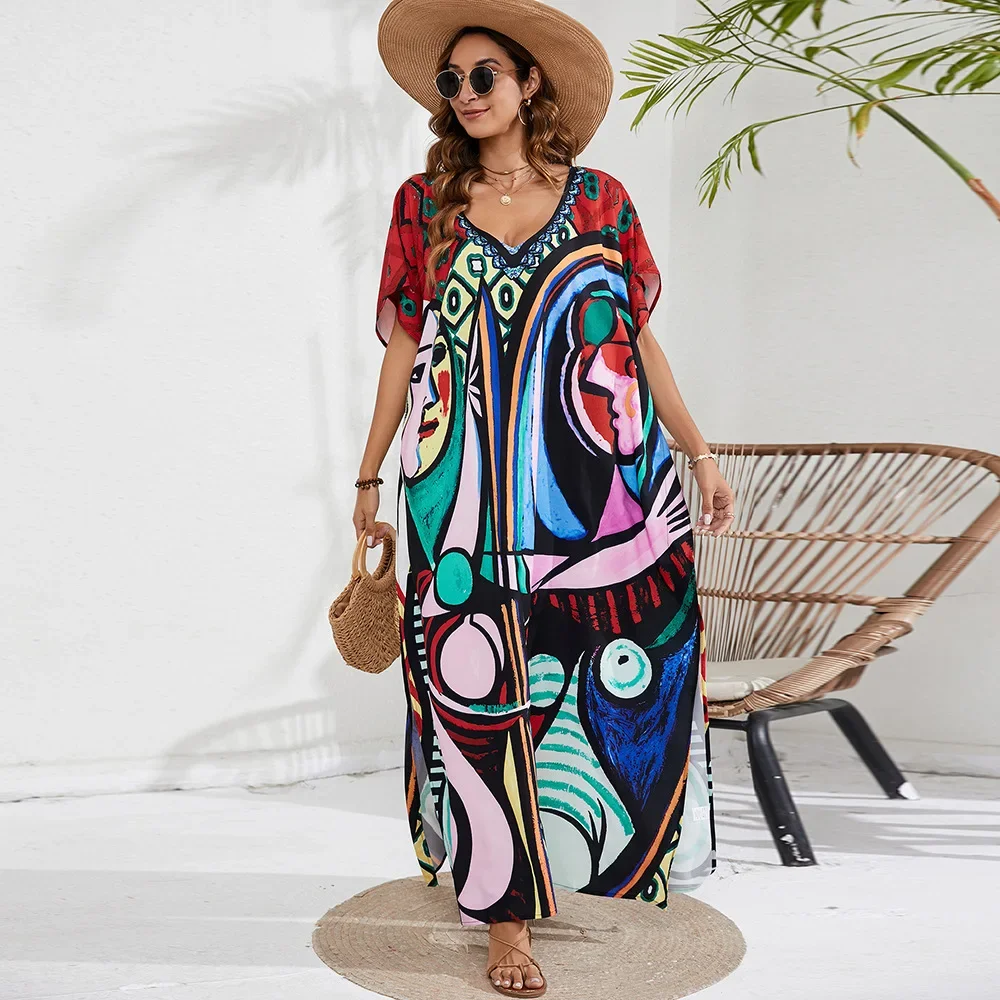 Abbigliamento donna stampa covers-ups Beach Coverup Vacation Beach Dress Bikini Sunbrella Outer Shirt abiti Vestido Trend oversize