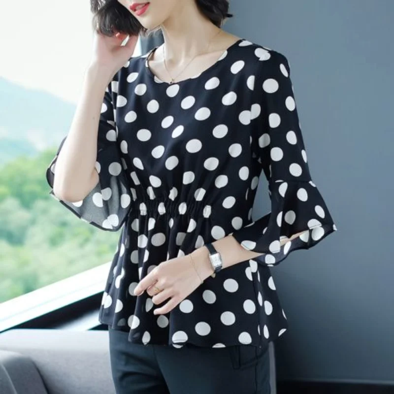 Chiffon Polka Dot Printing Shirt Tops Summer New O-Neck Loose Half Sleeve Ruffle Plus Size Blouse Vintage Casual Women Clothing