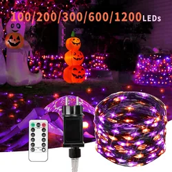 10-120M LED Orange Purple Halloween Garland Outdoor Garden Decoration PLUG 8 Modes Lighting Black Wire for Halloween Decorations