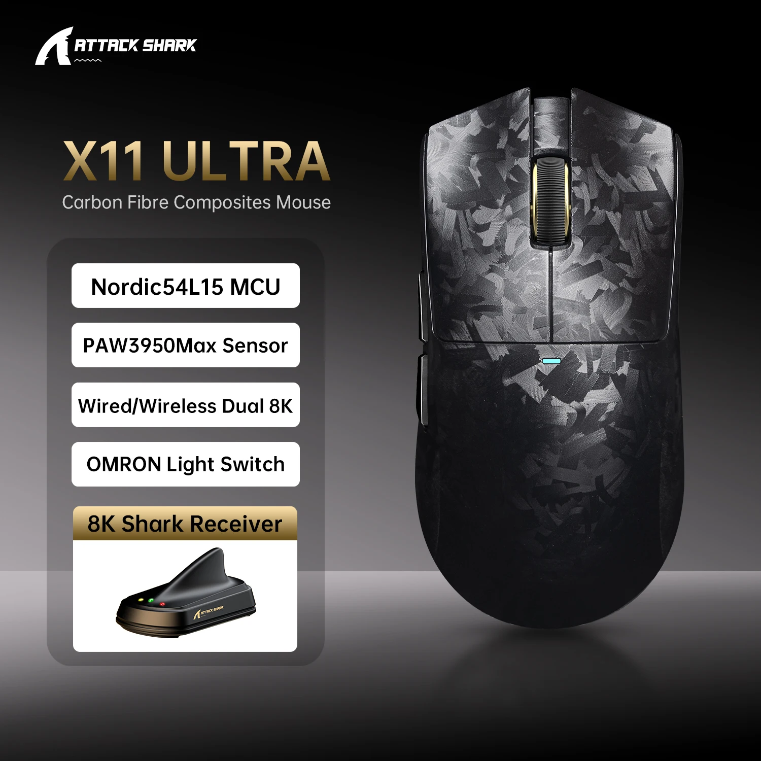 ATTACK SHARK X11 ULTRA 무선 게이밍 마우스, 초경량 59g, 42K DPI, 8K 폴링, 노르딕 칩, 카본 파이버