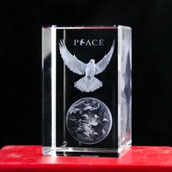 Laser Carved Peace Dove Earth Bird Earth Planet Clear K9 Crystal Prism Glass Ornament Geometry Cube Paperweight Craft Desk Decor