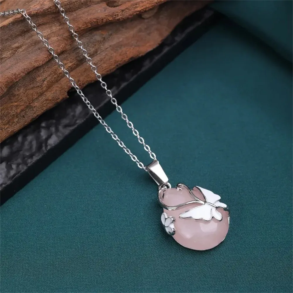 Natural stone pendant Wire Wrap Butterfly Gemstone Rose Quartz Amethyst Opalite Healing Crystal Pendant Necklace