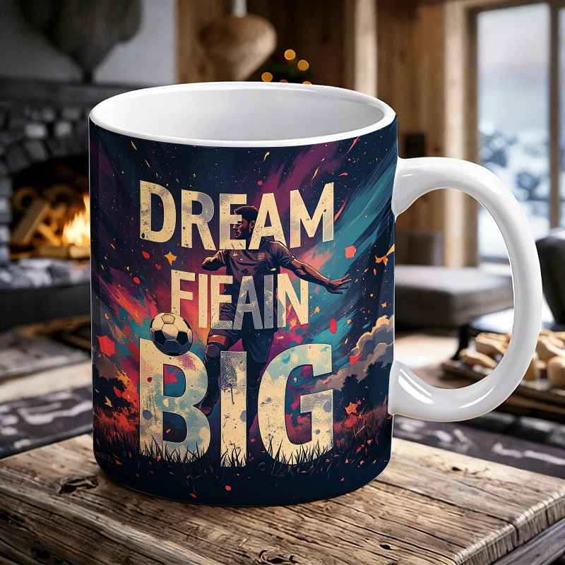 

Dream Big Inspirational Soccer Coffee Mug, Galaxy Art Football Player Ceramic Cup, 11oz Motivational Sport Fan Daily Drinkware