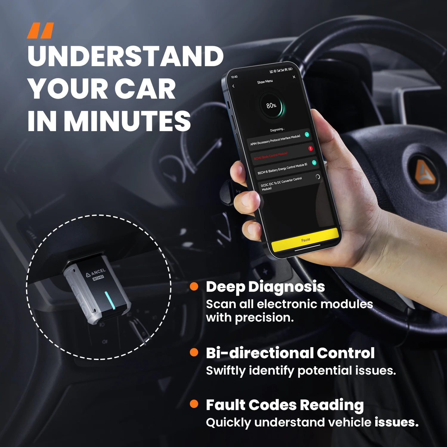 ANCEL Echo Obd2 الماسح الضوئي النفط EPB BMS إعادة تعيين تسجيل البطارية ثنائي الاتجاه جميع النظام obd 2 أدوات التشخيص لنظام iOS أندرويد