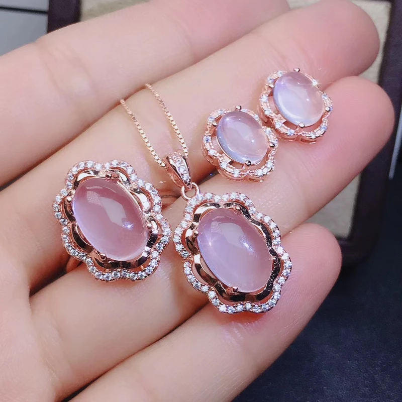 

925 Sterling Silver Inlaid Natural Rose Quartz Ring Earrings Necklace Set Support Detection High Jewelry