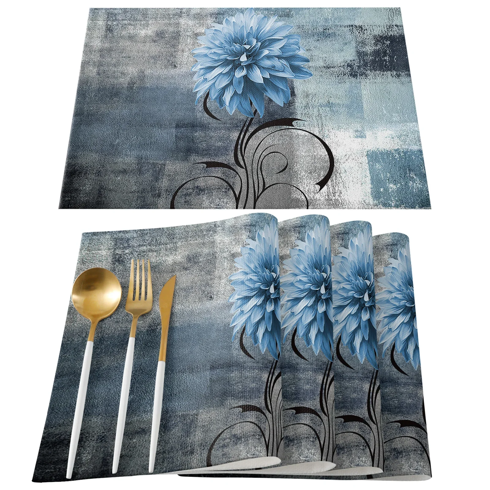 4PCS Dahlia Oil Painting Blue Placemat for Dining Table Tableware Mats Kitchen Dish Mat Pad Counter Top Mat Home Decoration