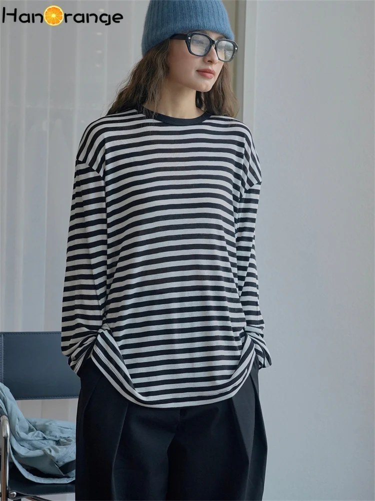 

HanOrange 2024 Spring Lazy Soft Sticky Wool Striped Knitted T-shirt Women Loose Comfortable Long Sleeved Casual Top Blue/Black