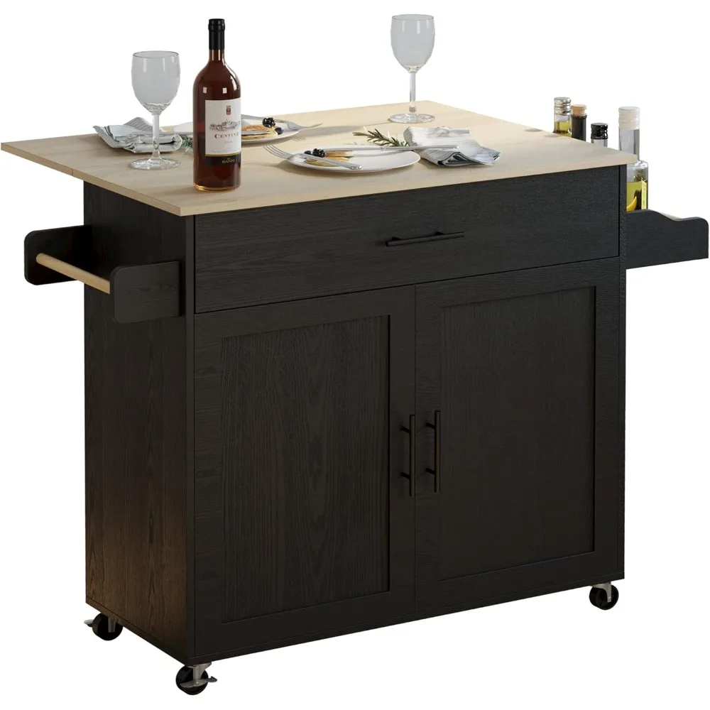 

Rolling Kitchen Island Table on Wheels with Drop Leaf, Storage Cabinet, Drawer, Spice/Towel Rack, Kitchen Cart, Black