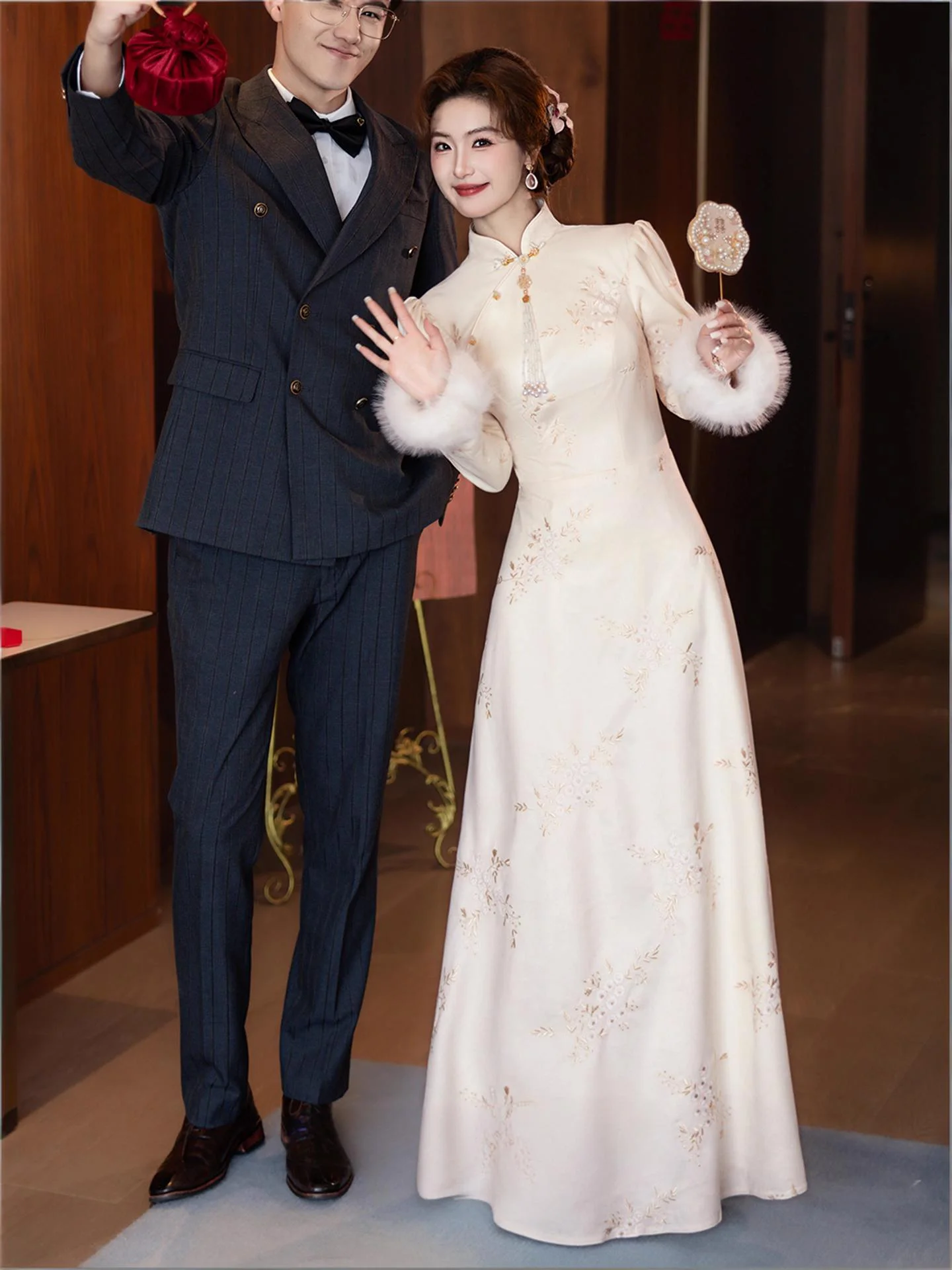 

Champagne Colored Wedding Dress New Chinese Style Bride Gown Small Size Return Home Ceremony Dinner Party Long Sleeve