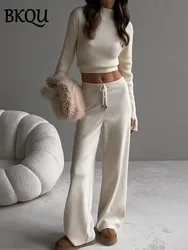 BKQU Knitted Pants Sets Women 2 Piece Set Turtleneck Long Sleeve Sweater Wide Leg Trouser Female Autumn Winter Casual Warm Suits