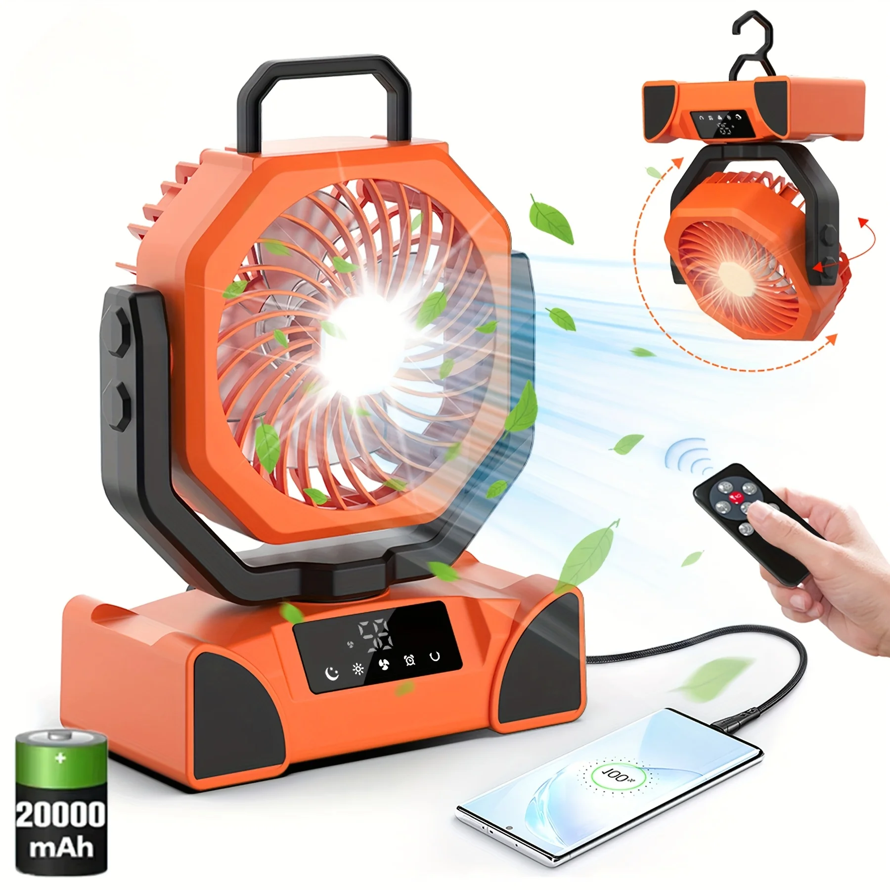 

Hanging-Portable Camping Fan With LED Light-20000mAh, Type-C Rechargeable Battery, Timer & Rotation Function, USB Desk Fan For T