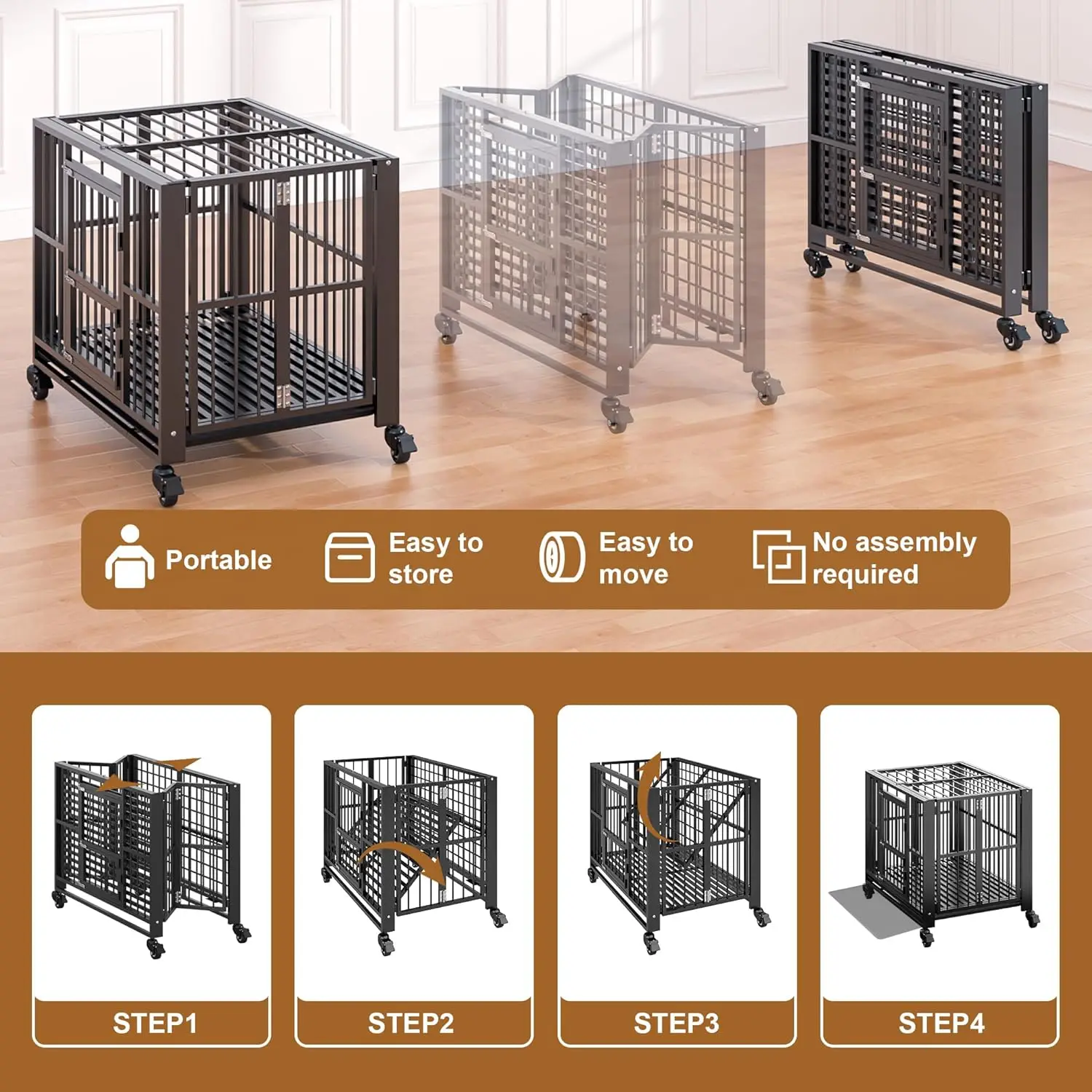 Heavy Duty Dog Crate, Foldable Indestructible Dog Kennel, Escape Proof Extra Large Dog Cage with Lockable Wheels, High Anxiety