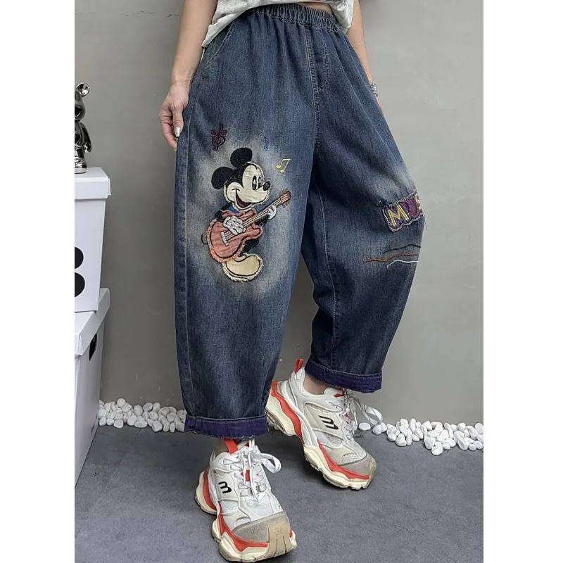 

ladies clothesSpring Mickey Patch Ankle-Length Jeans Women Elastic Waist Loose Retro Harem Casual Fashion Denim Pants stockholm