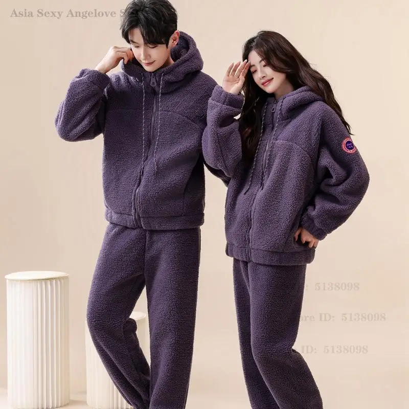 Thick Coral Fleece Men Pajamas Set Autumn Winter Couple Sleepwear Hooded Trouser Suits Loose Flannel 2 PCS Shirt Pant Homewear