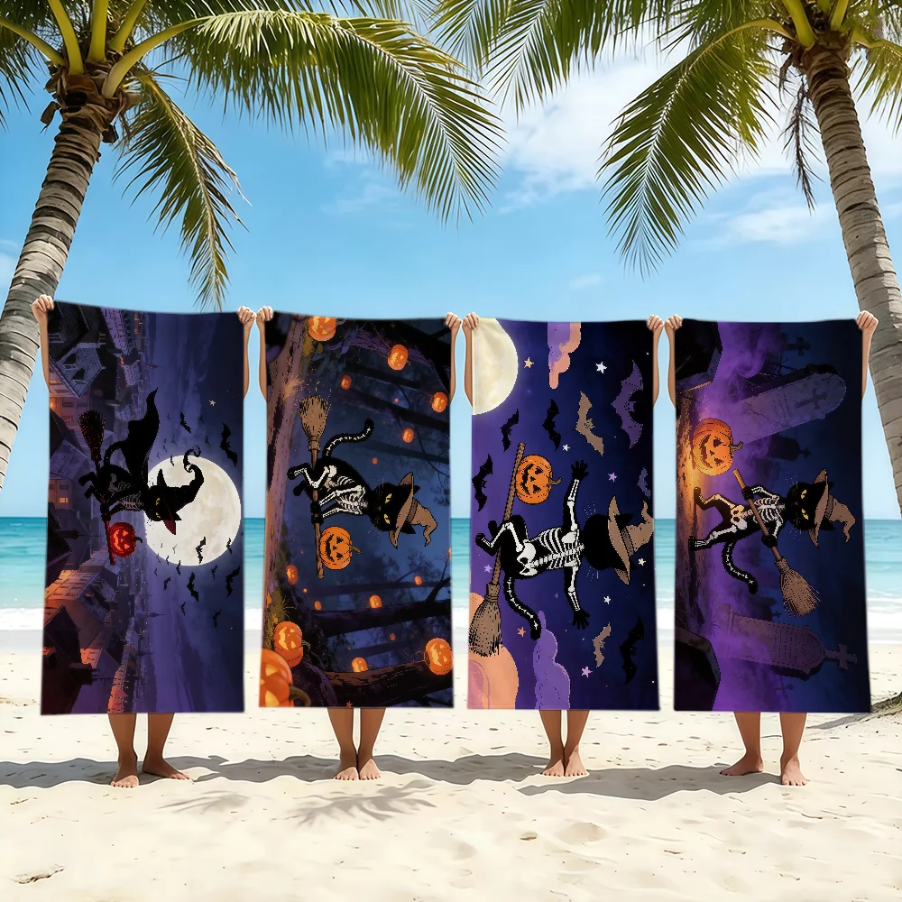 Dark-Style Halloween Black Cat Skull And Wizard Towel Bath Towel Travel Shower Quick-Drying Soft Same Style Men Women Sports