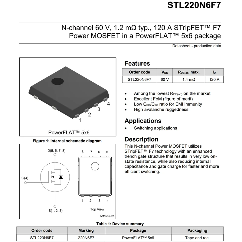 2 قطعة STL220N6F7 DFN-8 (5x6) 220N6 F7 N-قناة 60 فولت 120A ترانزستور الطاقة MOSFET ترانزستور التأثير الميداني #2