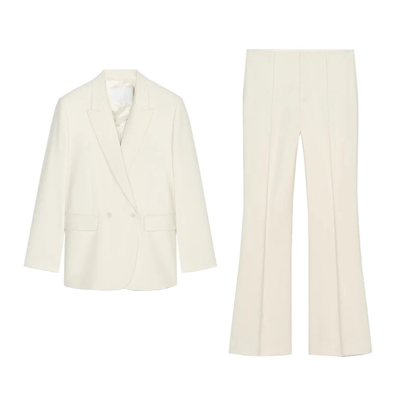 سترة رسمية طويلة الأكمام بصف أزرار مزدوج 2380677 مع بنطلون واسع بسيط 2386677 زي أنيق للسيدات في مجال الأعمال #5