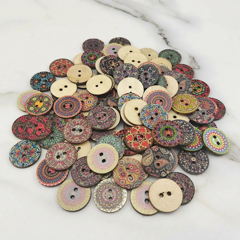 (100pcs mix) 2 Holes Wood Buttons For Craft Round Sewing Accessories Scrapbook DIY Home Decoration Vintage painted print