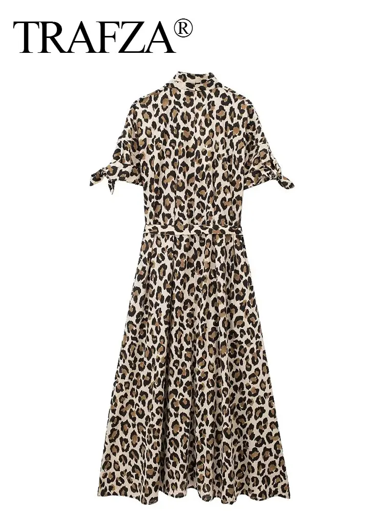 TRAFZA Leopard Print Shirt Dress Women Belt Pleated Midi Dresses for Woman Summer Button Long Dress Female Short Sleeve Dress