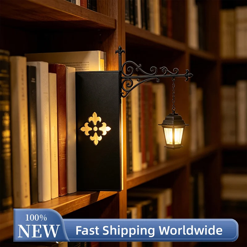 Vintage Gothic Wall Hanging Lantern Light Black Iron Bracket Mini LED Street Lamp Retro Wall Sconce Decor for Halloween Decor