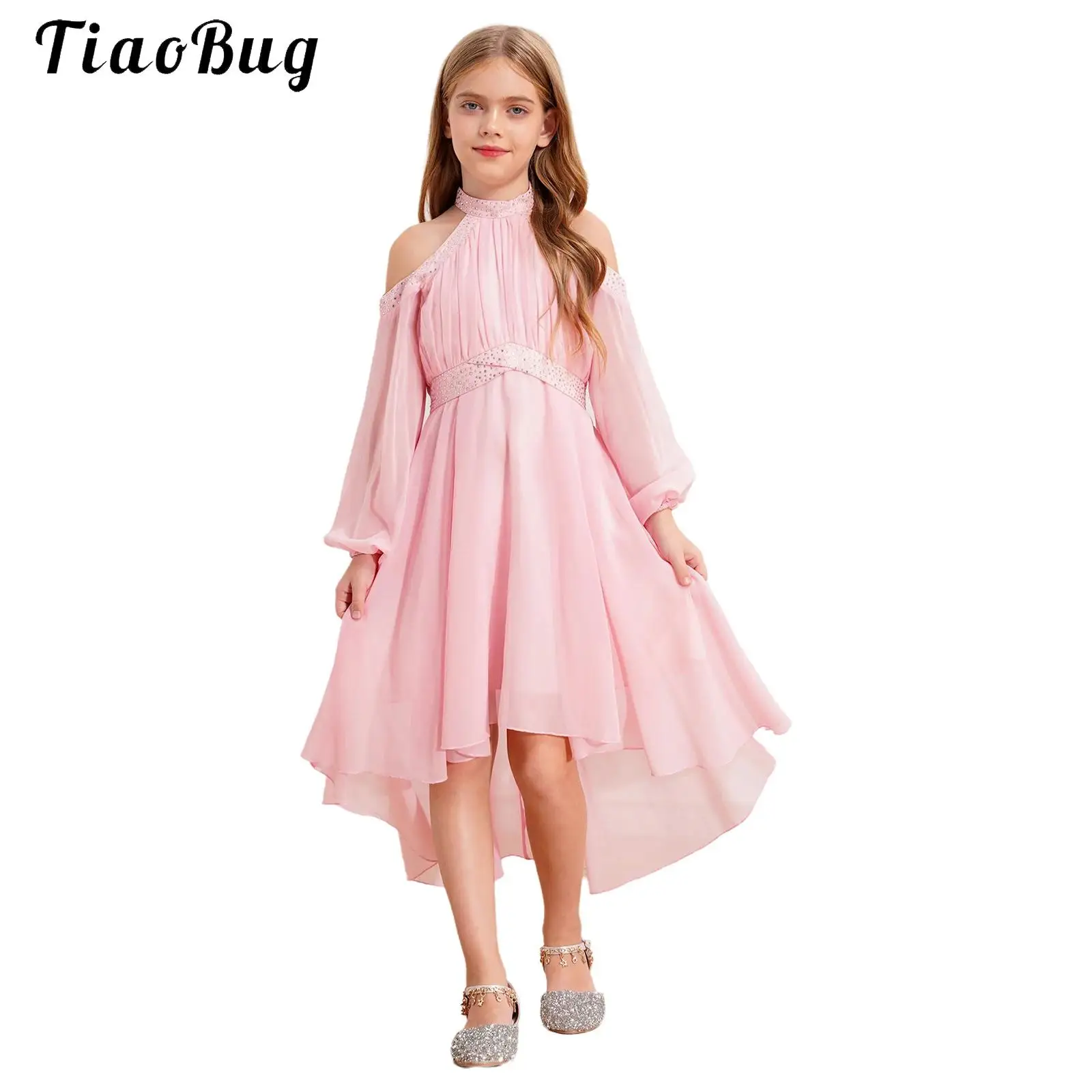 

Elegant Girls Festive Dress Cold Shoulder Long Sleeve High Low Chiffon Dress Summer Flower Girl Wedding Party Evening Gown