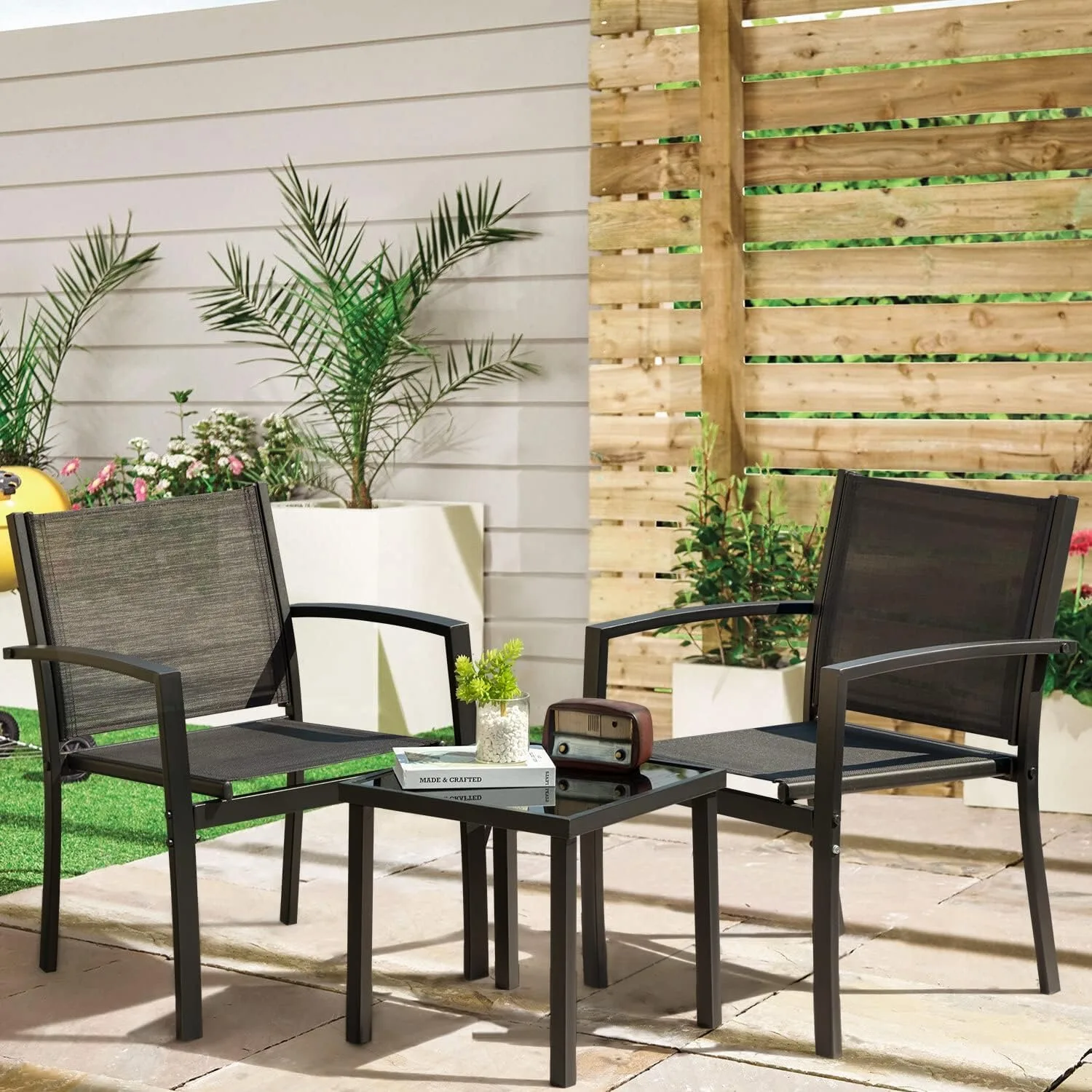 

3 Pieces Patio Furniture Outdoor Bistro Set Textilene Fabric Chairs for Garden, Balcony w/ A Glass Coffee Table, Black