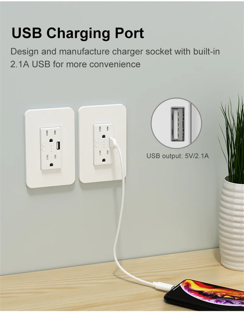 Tuya Wifi Smart Wall Socket Double US Plug Power Outlet with USB Charging Port ON/OFF Remote Control work with Alexa Google Home