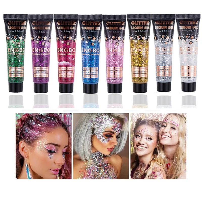 8 colors body glitter, face glitter gel, hair glitter, self-adhesive glitter gel, cosmetic glitter, suitable for stage makeup