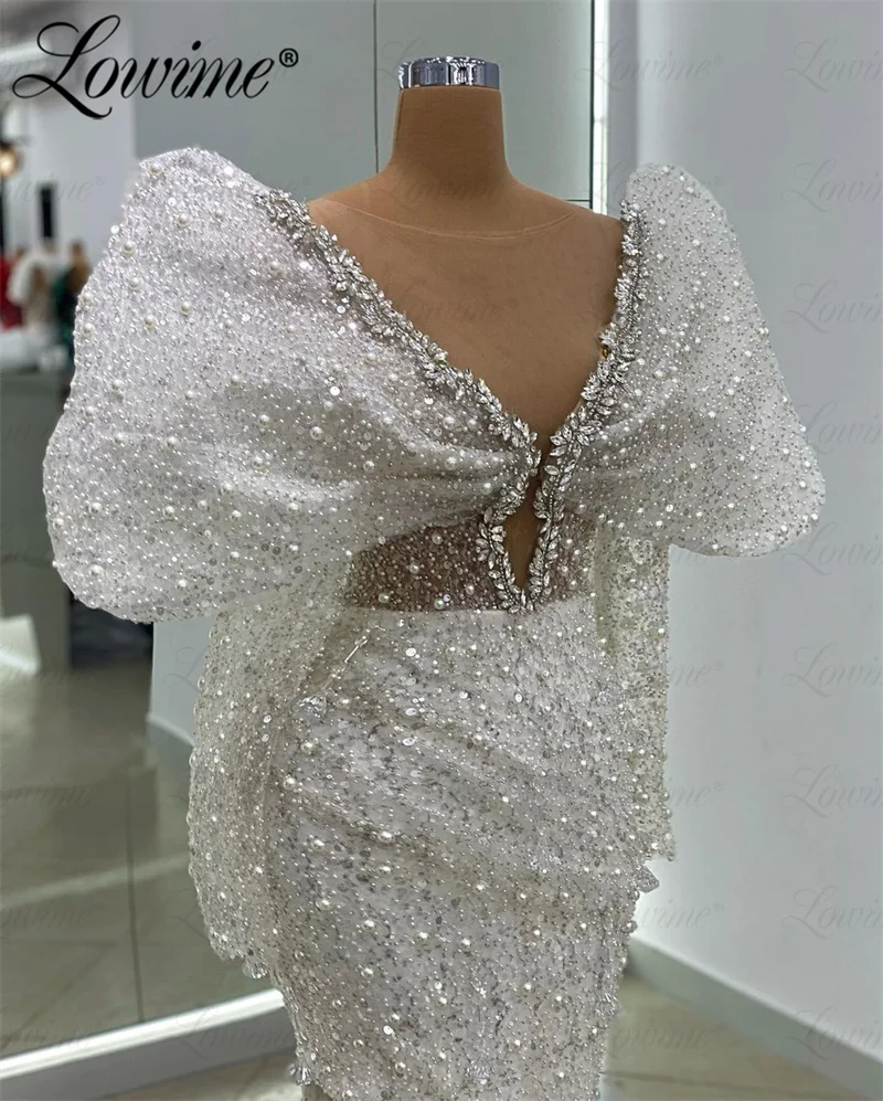 Vestidos de celebridades árabes com pérola marfim, Vestido de casamento, Fenda alta personalizada, Mangas compridas, Vestidos de noite, Cristais Prom Dress, 2023