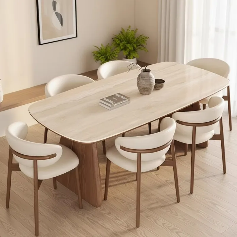 Nordic Minimalist Rectangle Dining Table, Light Sintered Stone Top Walnut Wood Base, Stylish 6-Person Dinner Table For Home