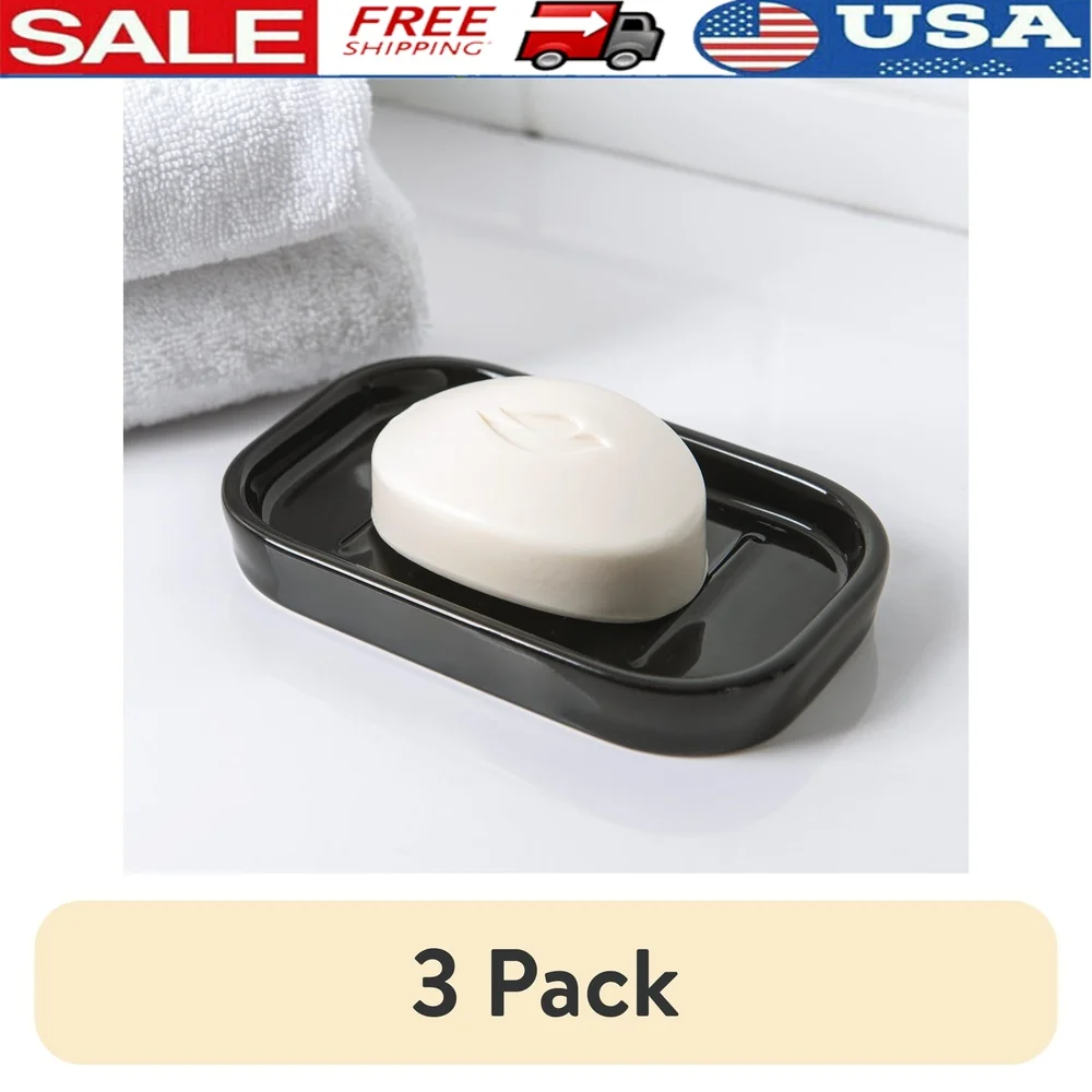 

3 Pack Basic Ceramic Soap Dish Glossy Black Durable Rectangle Holder Jewelry Tray Hand Wash Bathroom Countertop Accessory