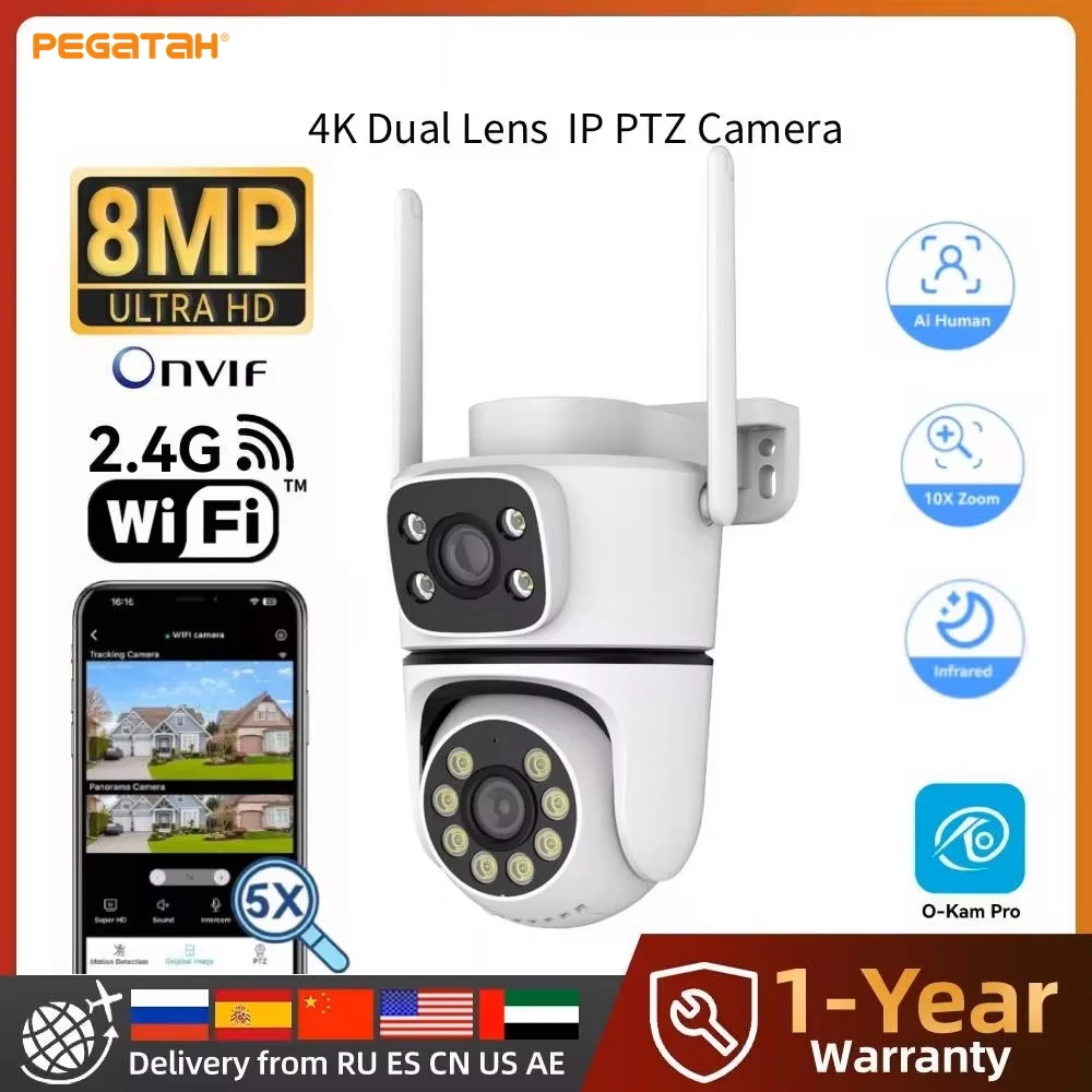 PEGATAH 8MP WiFI Camera Support ONVIF Dual Len Outdoor IP Camera PTZ Auto Tracking CCTV Surveillance Camera Security Protection