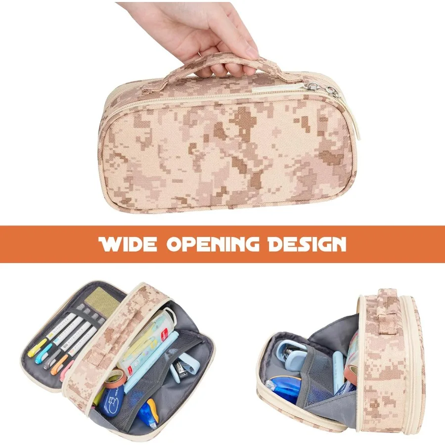 مقلمة تكتيكية للأولاد ذات سعة كبيرة جدًا وحقيبة أقلام مموهة للرجال والكبار مكونة من 3 أقسام بسحاب مقصورة صغيرة T