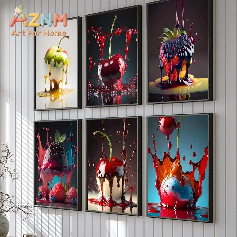 Modern Splash Fresh Fruit Apple Cream Food Poster and Prints Canvas Painting Wall Art Pictures For Kid's Room Kitchen Home Decor