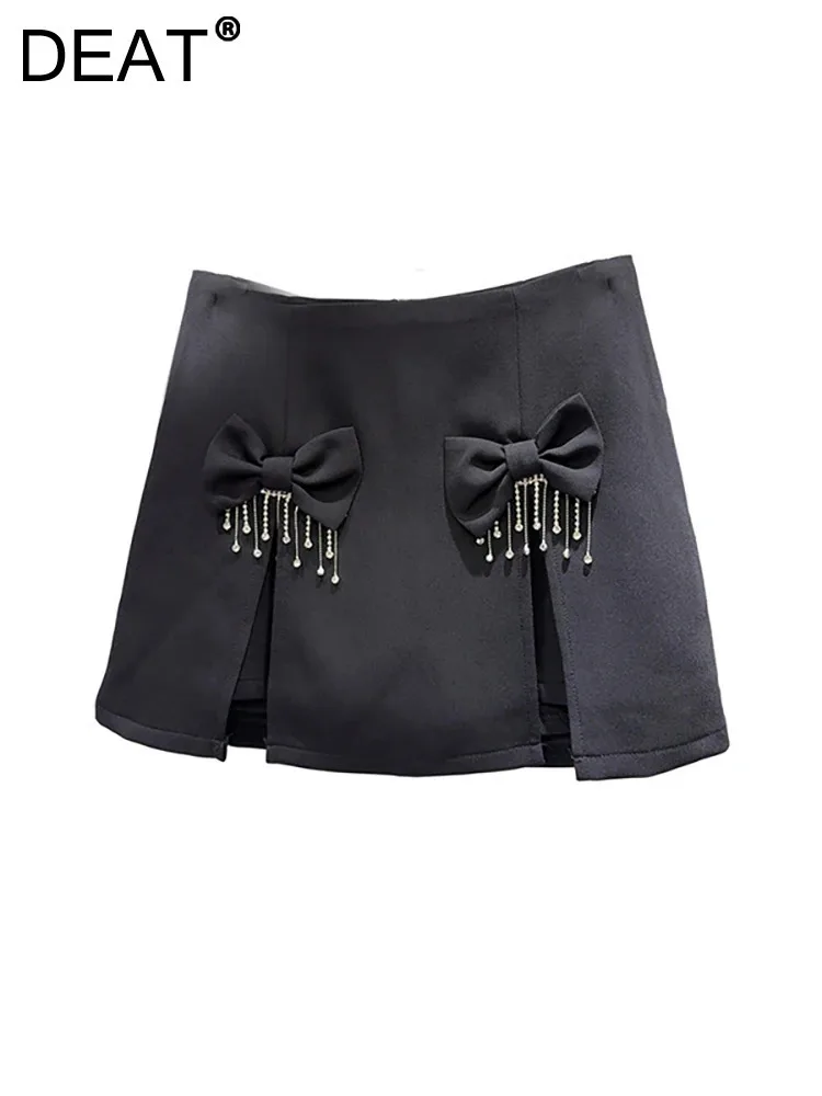 

DEAT Women's Skirt High Waist Slim Elegant Black Bows Diamonds Tassel A-line Split Short Skirts 2024 New Fashion Autumn 11A0788