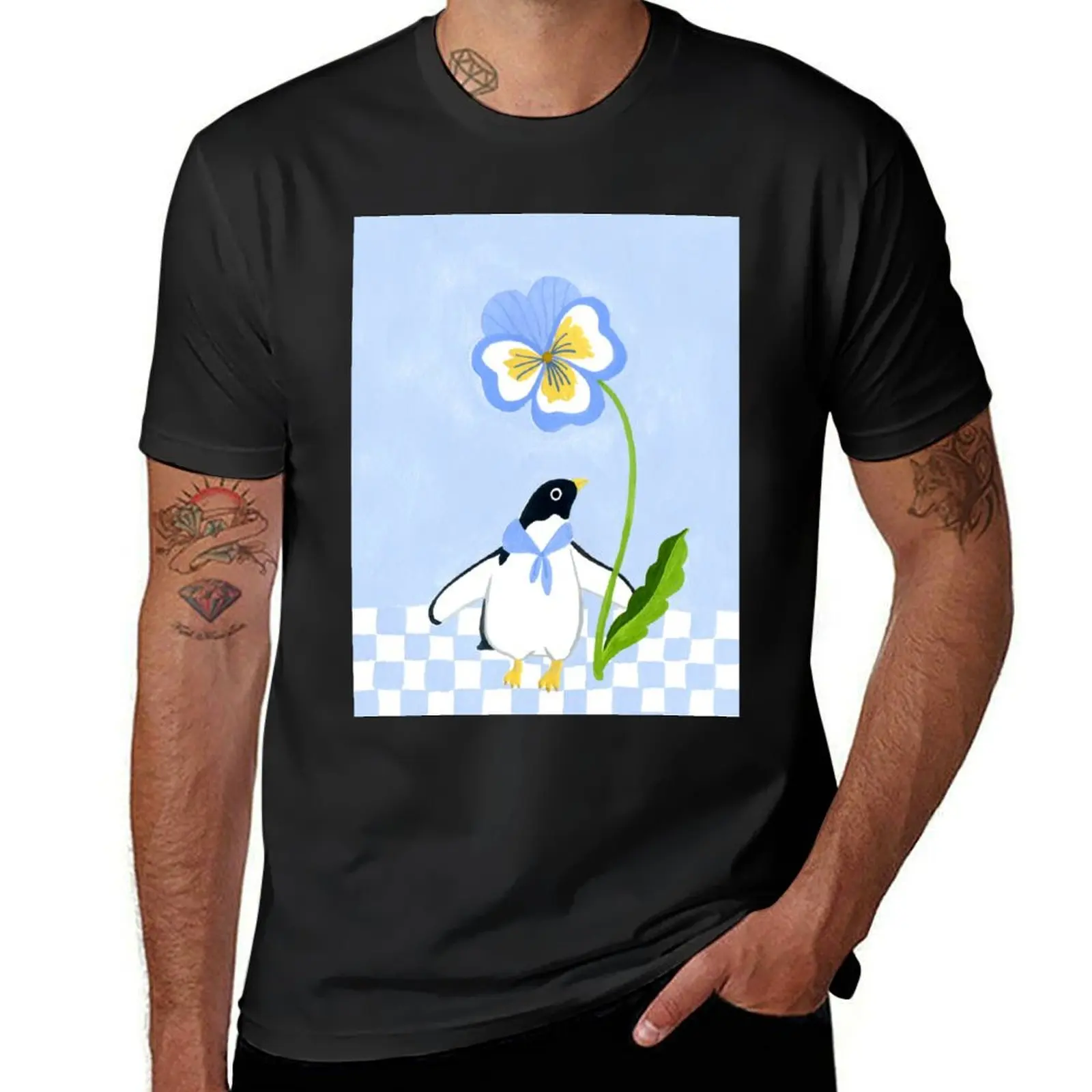 Penguin with pansy T-Shirt cute tops sports fans blacks korean fashion mens cotton t shirts