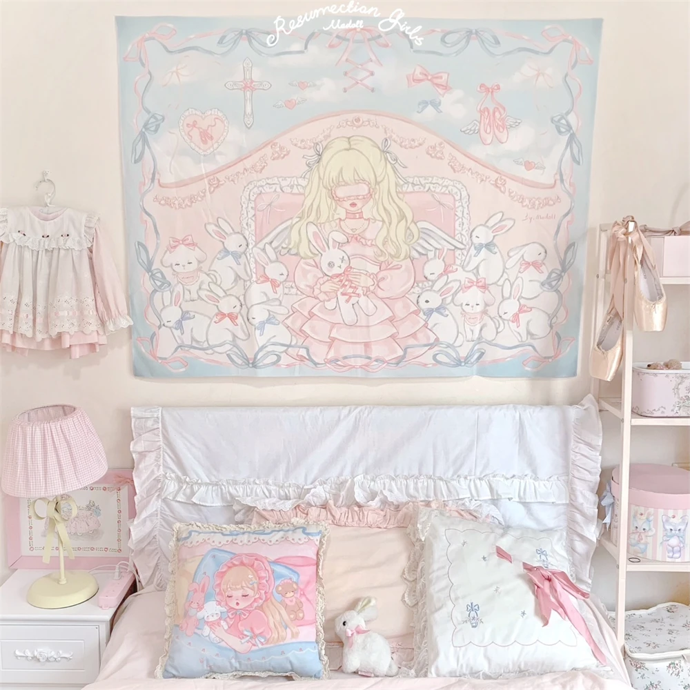 Kawaii Home Tapestry Anime Girl Rabbit Print Bedhead Hanging Cloth Rectangular Bedroom Wall Background Cloth Tapestry Girl Heart