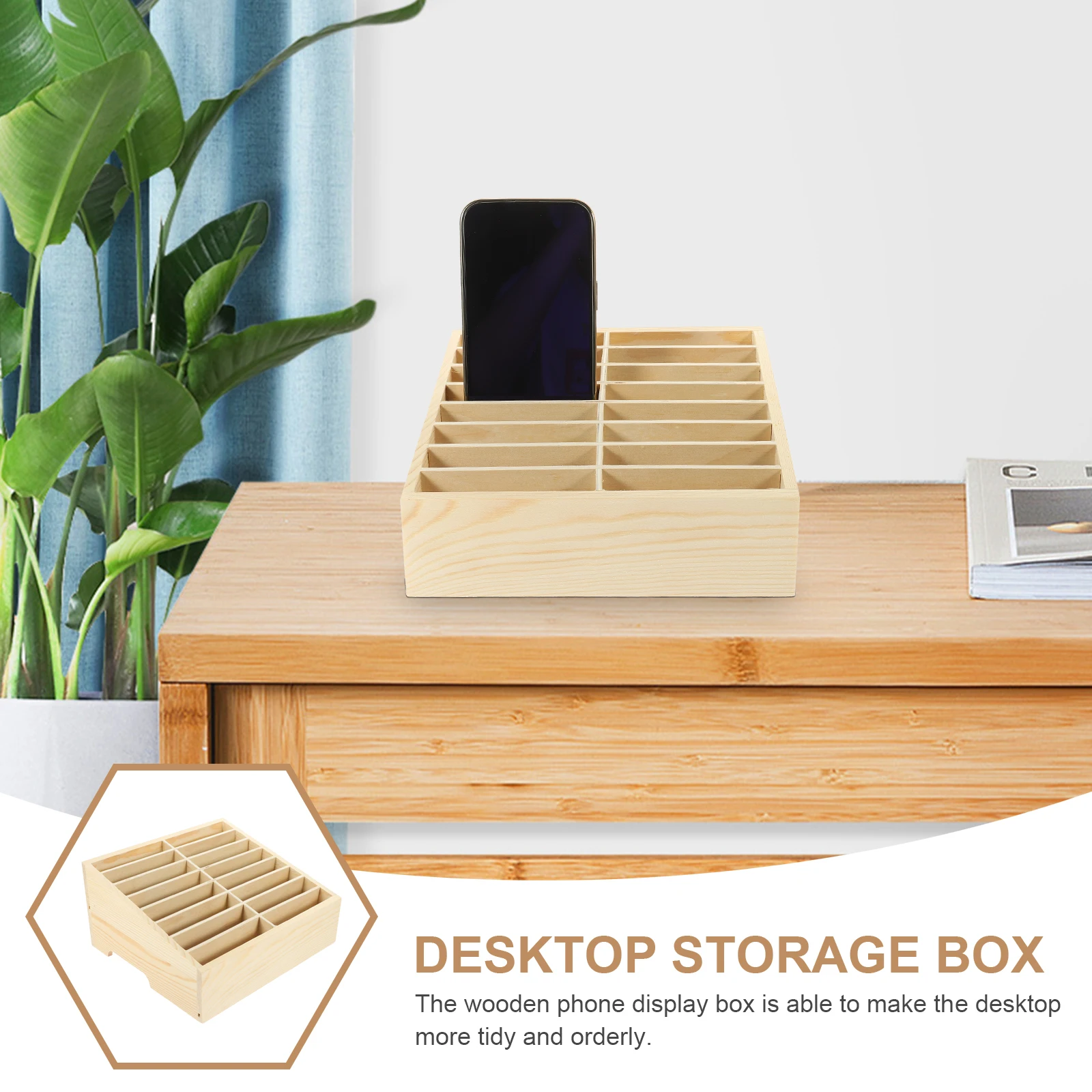 

16-Grid Storage Box Natural Wood Cell Phone Organizer Desk Tray Office Supplies Holder Card Sorter