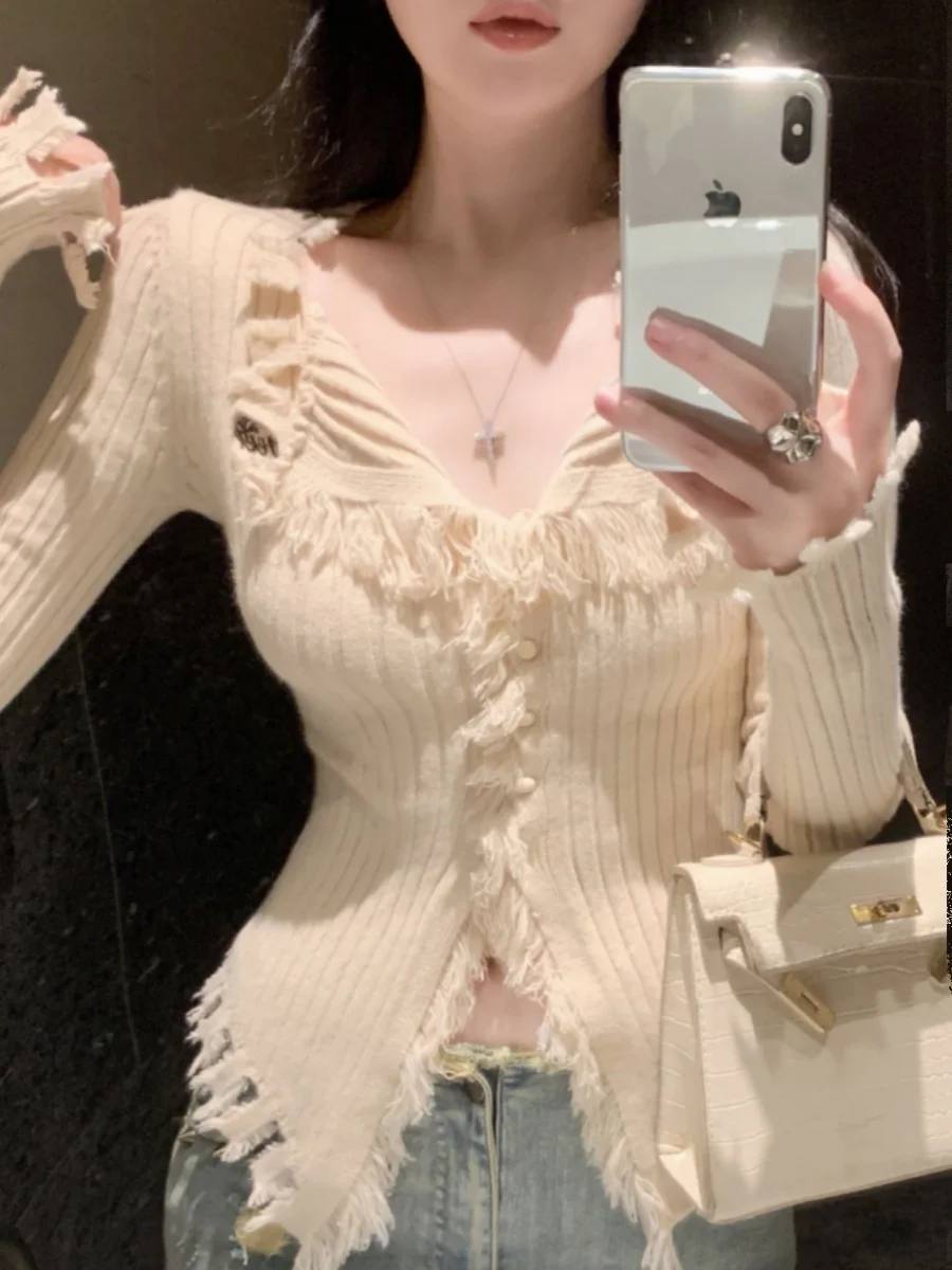 

Slim Fit V-Ne Long Sve Вязаный кардиган ort Sle Pure Color Корейская версия для поездок на работу Sle Осень-зима Faionable Sw...